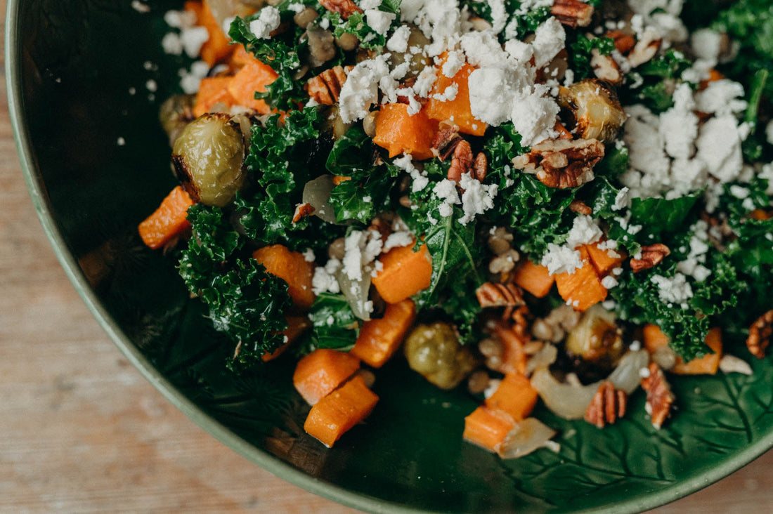 Warming Lentil Salad with Sweet Potato, Brussels Sprouts, and Feta Cheese