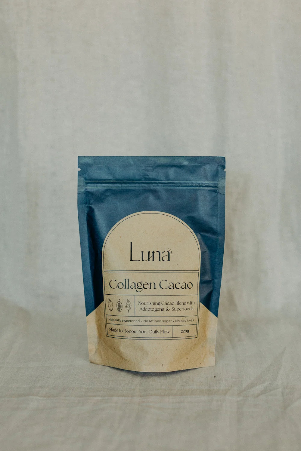 Bag of Luna Collagen Cacao on linen